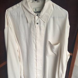 Large cream silk shirt.